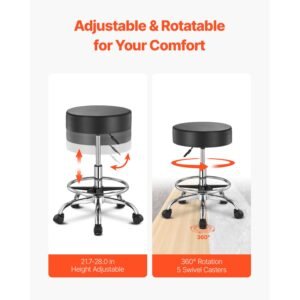 rolling stool with foot rest and wheels, 450 lbs weight capacity round rolling stool chair, height adjustable thickened pu leather swivel stool for salon, spa, massage, tattoo, clinic, black