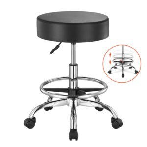 Rolling Stool with Foot Rest and Wheels, 450 LBS Weight Capacity Round Rolling Stool Chair, Height Adjustable Thickened PU Leather Swivel Stool for Salon, Spa, Massage, Tattoo, Clinic, Black