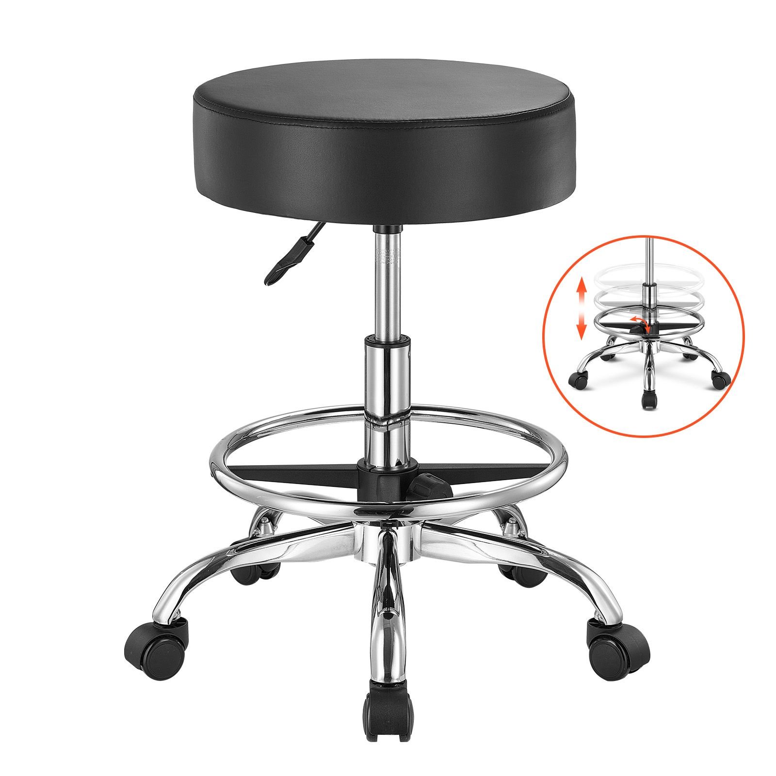 rolling stool with foot rest and wheels, 450 lbs weight capacity round rolling stool chair, height adjustable thickened pu leather swivel stool for salon, spa, massage, tattoo, clinic, black