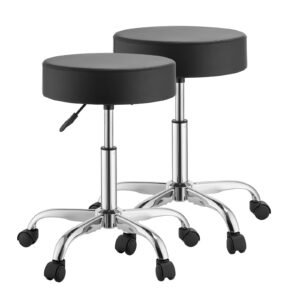 Rolling Stools with Wheels, Set of 2, 500 lbs Weight Capacity, Height Adjustable, Thick Cushion Ergonomic PU Leather Seat, 360° Swivel Round Rolling Stool Chair for Salon, Spa, Clinic, Black