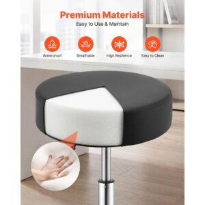 rolling stools with wheels, set of 2, 500 lbs weight capacity, height adjustable, thick cushion ergonomic pu leather seat, 360° swivel round rolling stool chair for salon, spa, clinic, black