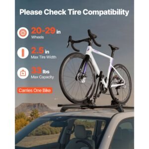 roof bike rack, 33 lbs capacity, upright roof mount bicycle rack with secure locking system for most standard crossbars, aluminum upright rooftop bike rack 1 bike carrier for car suv, black