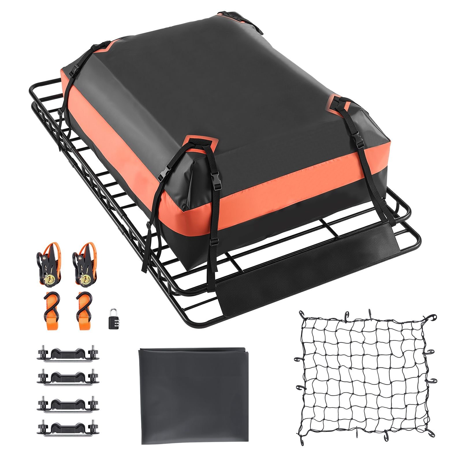 roof rack basket, 64 x 39 x 4.1 in, universal rooftop cargo carrier with 44.1 x 34.3 x 10.2 in cargo bag, net, ratchet straps, 250 lbs max load capacity car top luggage holder, for suv truck car