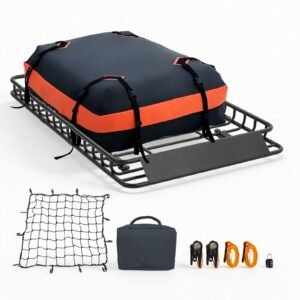 Roof Rack Cargo Basket, 54 x 34 x 4 in, Heavy Duty Roof Top Carrier Basket with Waterproof Bag, Cargo Net, Ratchet Straps, 200 lbs Capacity, Universal Car Top Luggage Holder, for SUV Truck Car