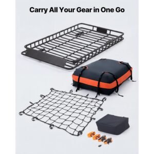 roof rack cargo basket, 54 x 34 x 4 in, heavy duty roof top carrier basket with waterproof bag, cargo net, ratchet straps, 200 lbs capacity, universal car top luggage holder, for suv truck car