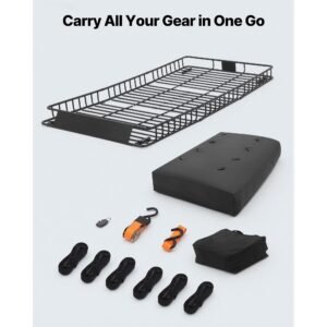 roof rack cargo basket, 90 x 50 x 6 in, heavy duty roof top carrier basket with waterproof rooftop bag, ratchet straps, 250 lbs capacity, all weather car top luggage holder, for suv truck car