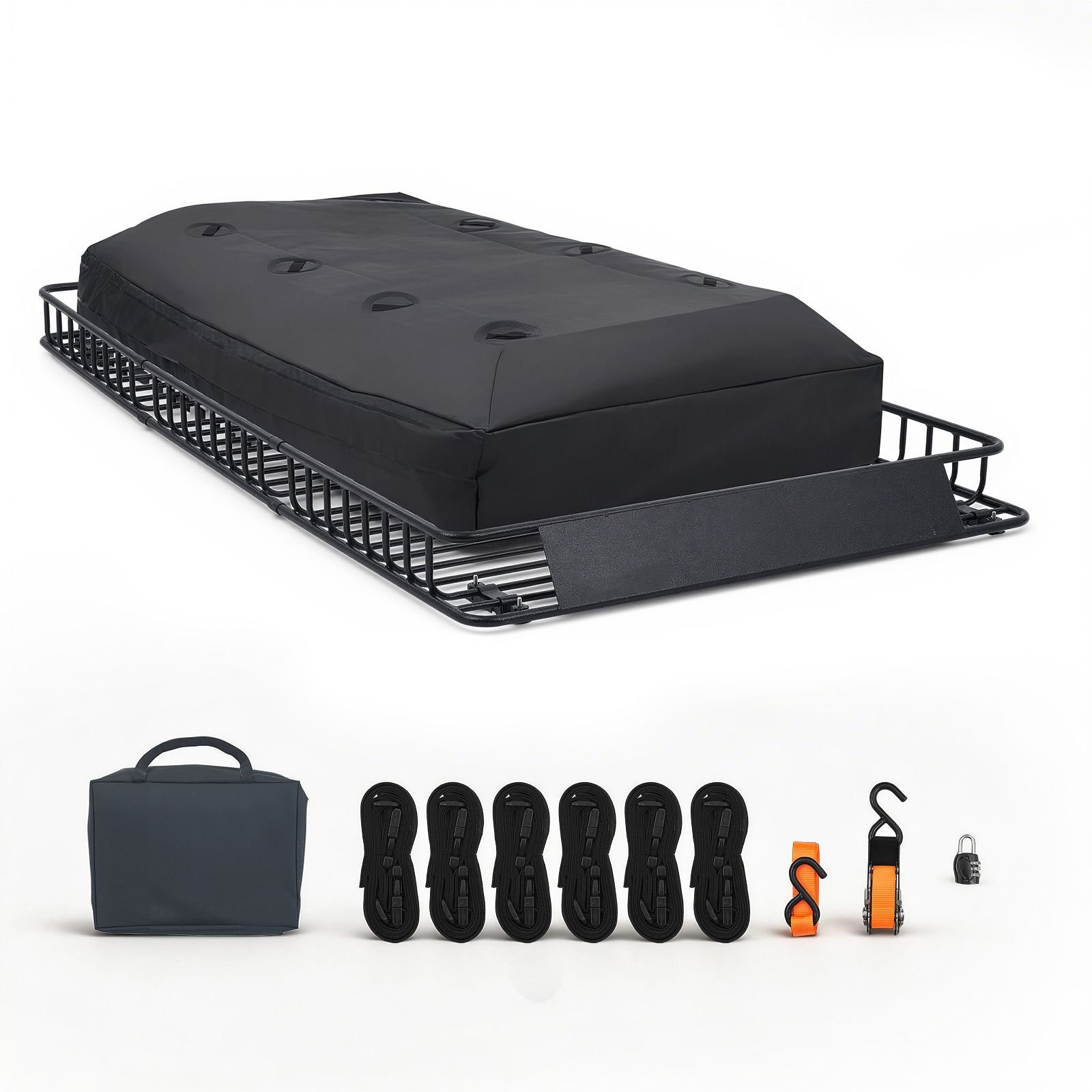 roof rack cargo basket, 90 x 50 x 6 in, heavy duty roof top carrier basket with waterproof rooftop bag, ratchet straps, 250 lbs capacity, all weather car top luggage holder, for suv truck car