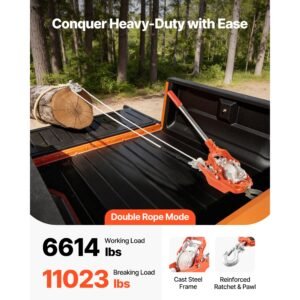 rope puller, 6614 lbs pulling capacity, heavy duty ratchet power puller tool with 35 ft of 0.3 in diameter rope & 2 hooks, come along winch for tree felling, moving boats, road recovery