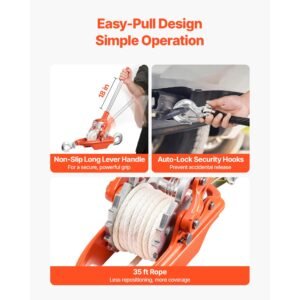 rope puller, 6614 lbs pulling capacity, heavy duty ratchet power puller tool with 35 ft of 0.3 in diameter rope & 2 hooks, come along winch for tree felling, moving boats, road recovery