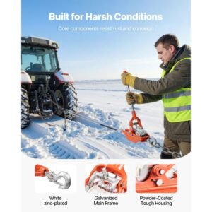 rope puller, 6614 lbs pulling capacity, heavy duty ratchet power puller tool with 35 ft of 0.3 in diameter rope & 2 hooks, come along winch for tree felling, moving boats, road recovery