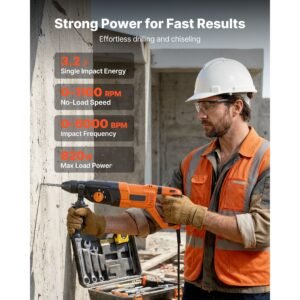 rotary hammer drill, 1 1/8 in sds plus electric corded heavy duty rotary hammer, 4 functions, including 3 drill bits, flat chisel, pointed chisel, and carrying case, for concrete and masonry