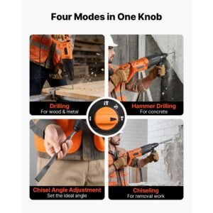 rotary hammer drill, 1 1/8 in sds plus electric corded heavy duty rotary hammer, 4 functions, including 3 drill bits, flat chisel, pointed chisel, and carrying case, for concrete and masonry
