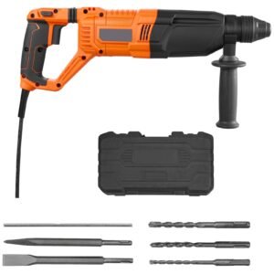 Rotary Hammer Drill, 1-1/8 in SDS-Plus Electric Corded Heavy Duty Rotary Hammer, 4 Functions, Including 3 Drill Bits, Flat Chisel, Pointed Chisel, and Carrying Case, for Concrete and Masonry