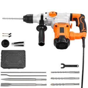Rotary Hammer Drill, 1-1/8 in SDS-Plus Electric Corded Heavy Duty Rotary Hammer, Including 3 Drill Bits, Flat Chisel, Pointed Chisel, Grease, Brush, and Carrying Case, for Concrete and Masonry