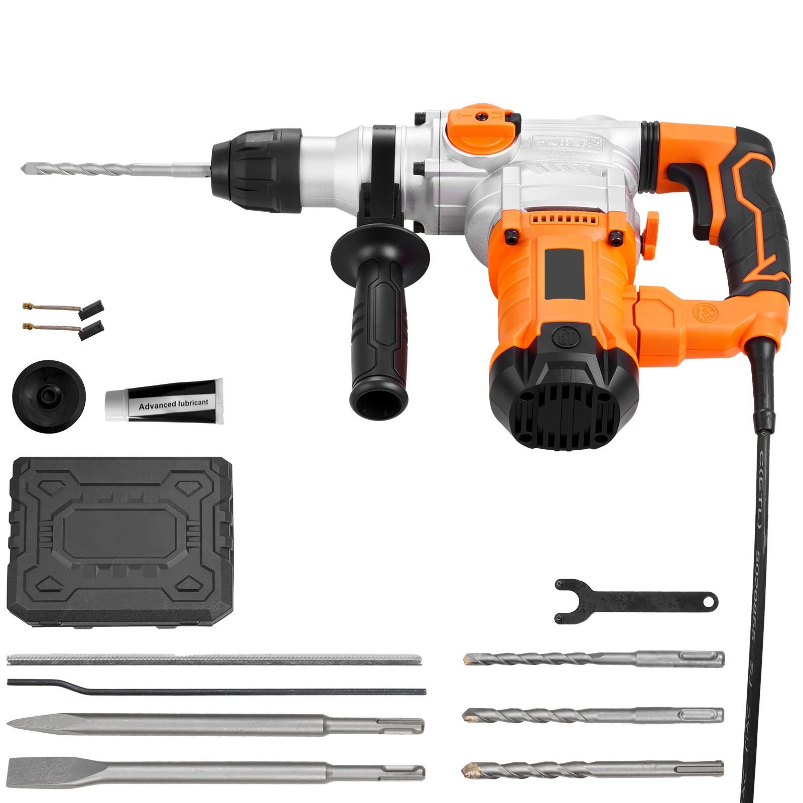 rotary hammer drill, 1 1/8 in sds plus electric corded heavy duty rotary hammer, including 3 drill bits, flat chisel, pointed chisel, grease, brush, and carrying case, for concrete and masonry
