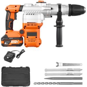 Rotary Hammer Drill, 1-9/16 in SDS-Max Cordless, Heavy Duty 20V Battery Powered Rotary Hammer, Including 2 Batteries, Charger, Drill Bit, Pointed Chisel, Carrying Case, for Concrete, Masonry