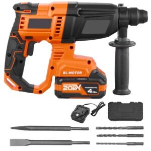 Rotary Hammer Drill, 7/8 in SDS-Plus Cordless, 20V Battery Powered Rotary Hammer, Brushless, Including Battery, Charger, 3 Drill Bits, Flat Chisel, Pointed Chisel, Carrying Case, for Concrete