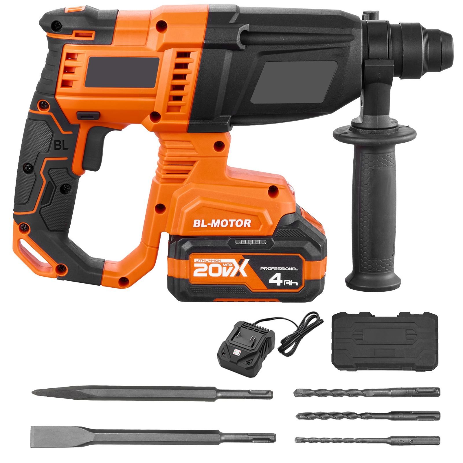 rotary hammer drill, 7/8 in sds plus cordless, 20v battery powered rotary hammer, brushless, including battery, charger, 3 drill bits, flat chisel, pointed chisel, carrying case, for concrete