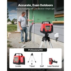 rotary laser level kit, 1650ft 360 degree self leveling red horizontal laser transit,with tripod,receiver,remote control, scale,toolcase, ip66 waterproof, 0.80in/100ft precision for construction