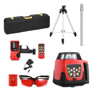 Rotary Laser Level Kit, 1650ft 360-Degree Self Leveling Red Horizontal Laser Transit,with Tripod,Receiver,Remote Control, Scale,Toolcase, IP66 Waterproof, 0.80in/100ft Precision for Construction