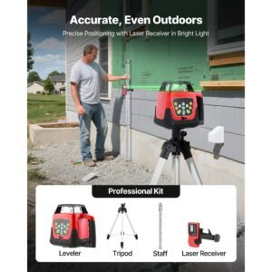 rotary laser level kit, 2000ft 360 degree self leveling green horizontal laser transit,with tripod,receiver,remote control, scale, toolcase, ip66 rating waterproof, 0.80in/100ft for construction