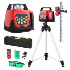Rotary Laser Level Kit, 2000ft 360-Degree Self Leveling Green Horizontal Laser Transit,with Tripod,Receiver,Remote Control, Scale, Toolcase, IP66 Rating Waterproof, 0.80in/100ft for Construction