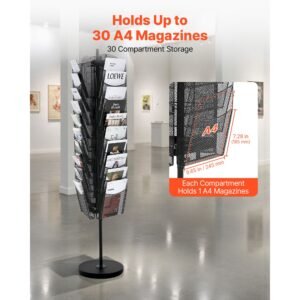 rotating brochure display rack, 30 pockets mesh magazine literature display stand, portable floor standing magazine rack, metal newspaper catalog holders for shop exhibitions office trade show