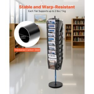 rotating brochure display rack, 30 pockets mesh magazine literature display stand, portable floor standing magazine rack, metal newspaper catalog holders for shop exhibitions office trade show