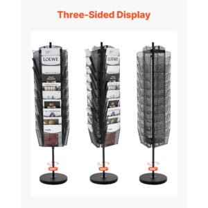 rotating brochure display rack, 30 pockets mesh magazine literature display stand, portable floor standing magazine rack, metal newspaper catalog holders for shop exhibitions office trade show