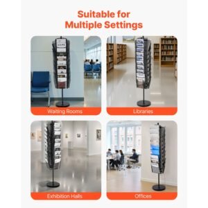 rotating brochure display rack, 30 pockets mesh magazine literature display stand, portable floor standing magazine rack, metal newspaper catalog holders for shop exhibitions office trade show