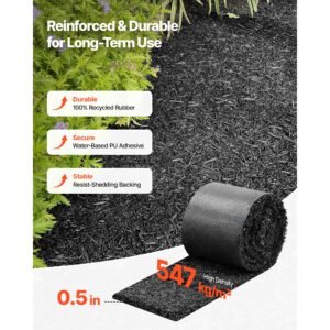 rubber mulch mat roll, 2 rolls 140 x 4.5 in, recycled rubber permanent mulch edging border, natural looking flower barrier with stakes, 0.5 in thick cuttable garden edgings for landscaping