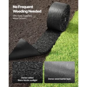rubber mulch mat roll, 4 rolls 120 x 4.5 in, recycled rubber permanent mulch edging border, natural looking flower barrier with stakes, 0.5 in thick cuttable garden edgings for landscaping