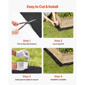 rubber mulch mat roll, 4 rolls 120 x 4.5 in, recycled rubber permanent mulch edging border, natural looking flower barrier with stakes, 0.5 in thick cuttable garden edgings for landscaping