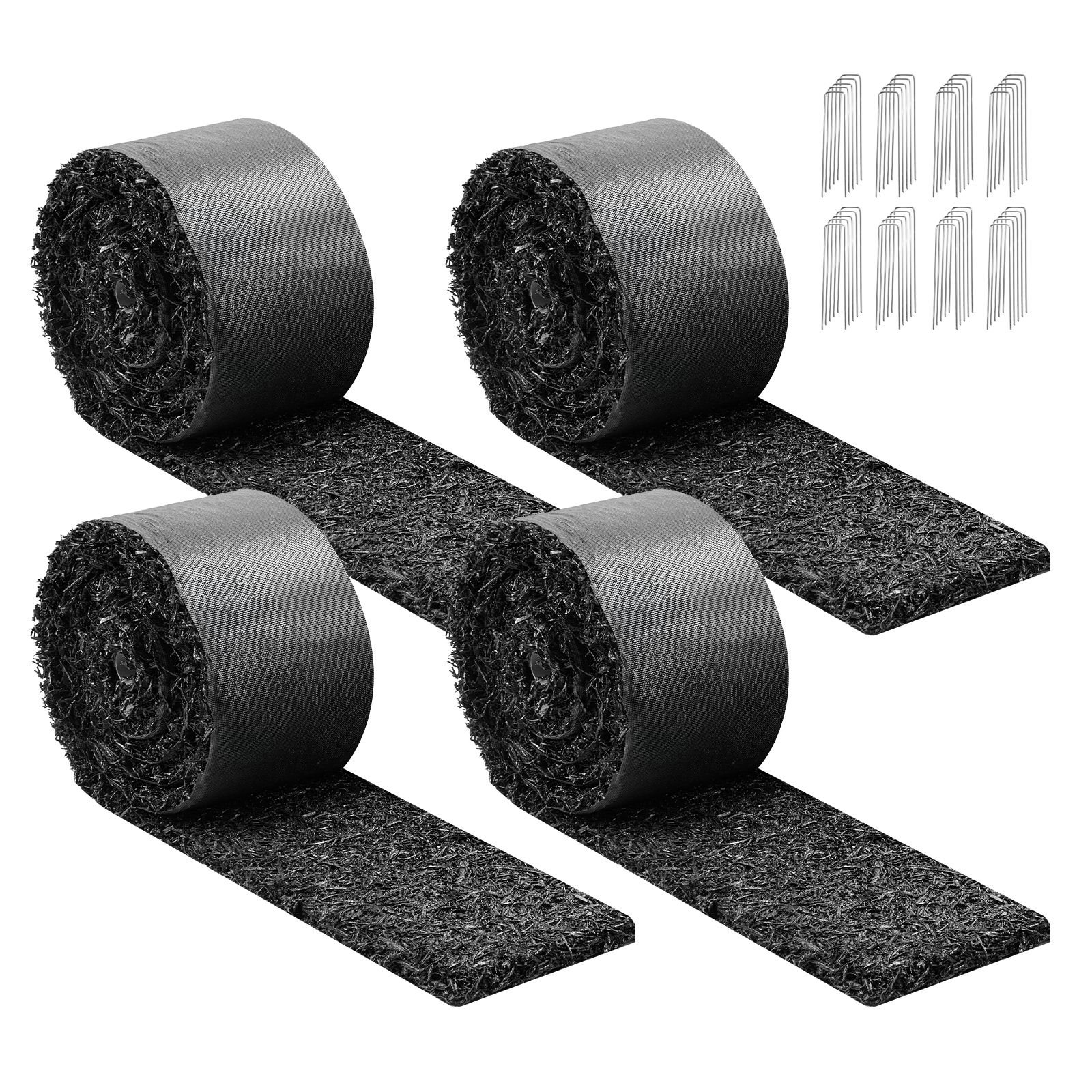 rubber mulch mat roll, 4 rolls 120 x 4.5 in, recycled rubber permanent mulch edging border, natural looking flower barrier with stakes, 0.5 in thick cuttable garden edgings for landscaping
