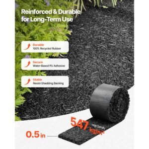 rubber mulch mat roll, 6 rolls 120 x 4.5 in, recycled rubber permanent mulch edging border, natural looking flower barrier with stakes, 0.5 in thick cuttable garden edgings for landscaping