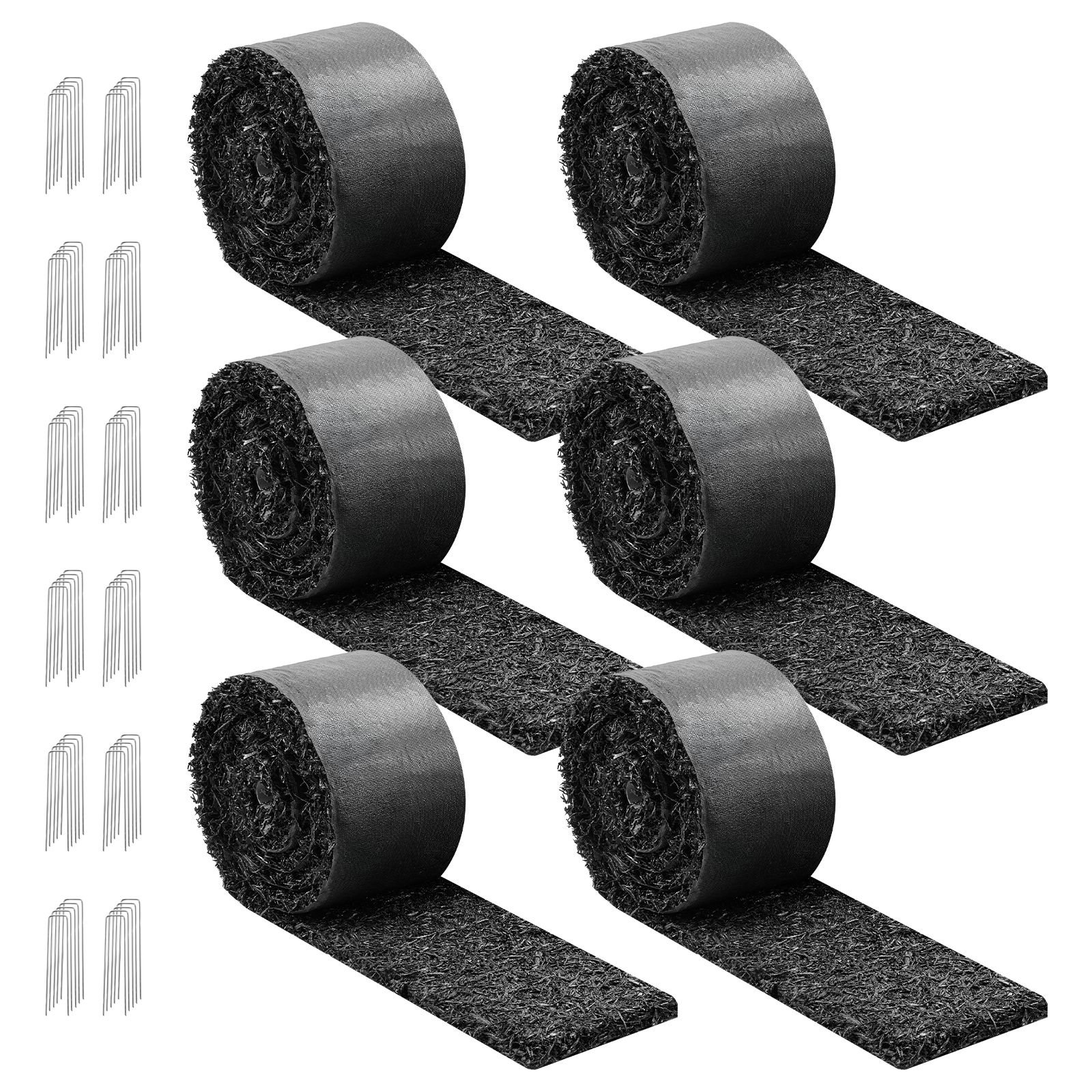 rubber mulch mat roll, 6 rolls 120 x 4.5 in, recycled rubber permanent mulch edging border, natural looking flower barrier with stakes, 0.5 in thick cuttable garden edgings for landscaping