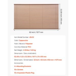rv blinds, 62 in x 32 in, rv pleated shades, polyester fabric, easy to clean and install, privacy protection and sunlight blocking, for camper, travel trailer, motorhome window, cappuccino