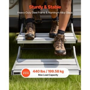 rv steps, 2 step, 440 lbs load capacity, electric retractable rv stairs, telescopic folding aluminum alloy camper steps, steel frame non slip entry stair for camper van motorhome travel trailer