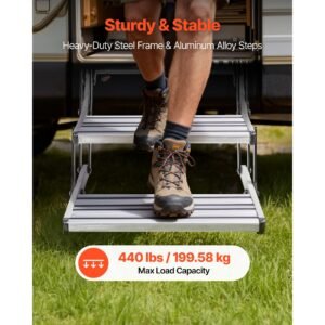 rv steps, 2 step, 440 lbs load capacity, manual retractable rv stairs, telescopic folding aluminum alloy camper steps, steel frame non slip entry stairs for camper van motorhome travel trailer