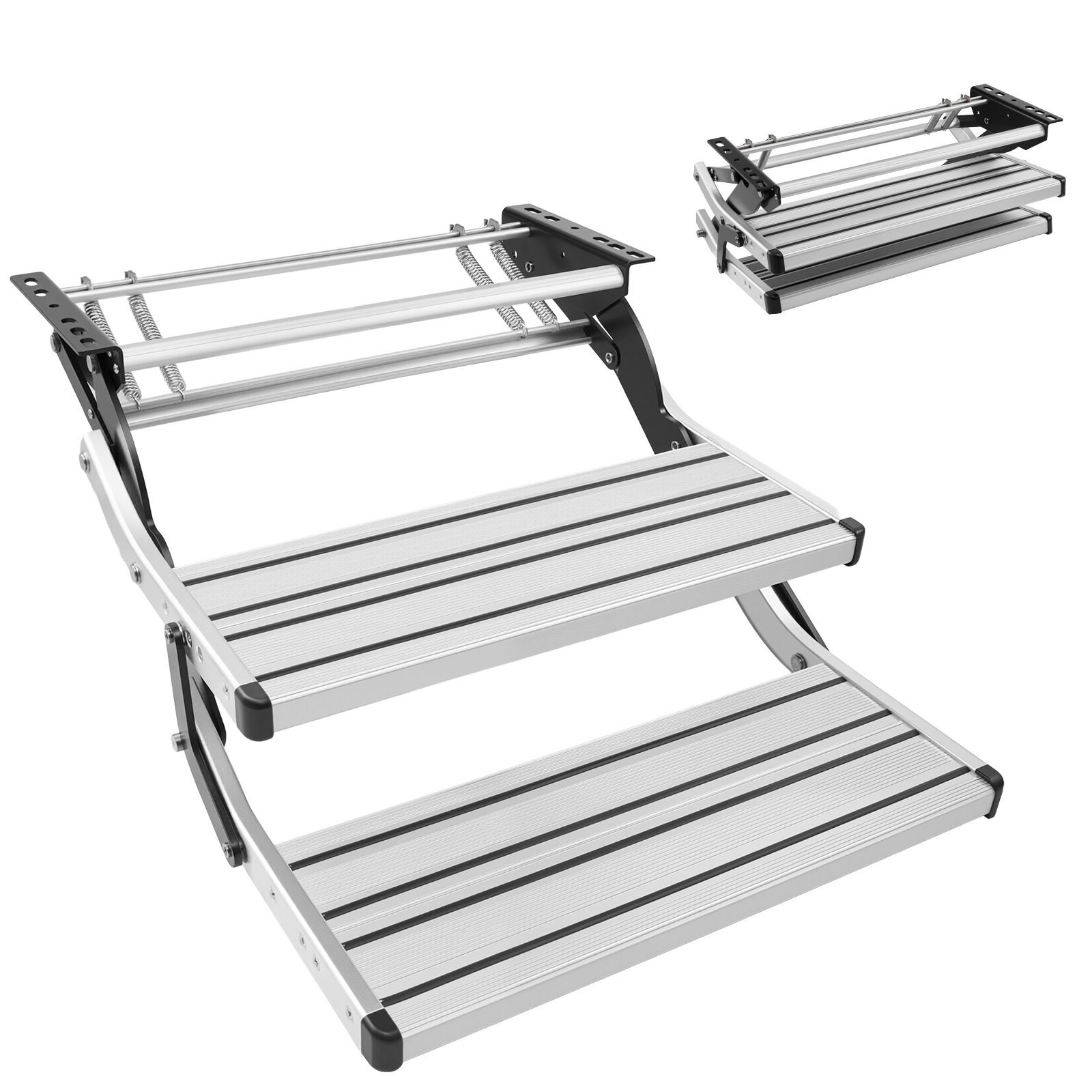 rv steps, 2 step, 440 lbs load capacity, manual retractable rv stairs, telescopic folding aluminum alloy camper steps, steel frame non slip entry stairs for camper van motorhome travel trailer