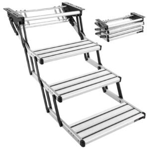 RV Steps, 3-Step, 440 lbs Load Capacity, Manual Retractable RV Stairs, Telescopic Folding Aluminum Alloy Camper Steps, Steel Frame Non-Slip Entry Stairs for Camper Van Motorhome Travel Trailer