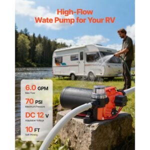 rv water pump, 12v dc 6 gpm (22.7 l/min), 4 chamber self priming diaphragm water pump with automatic pressure switch, 70 psi max pressure, on demand for rv, caravan, marine, yacht, car washing