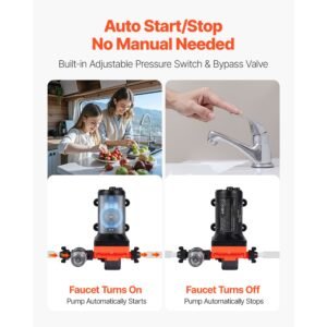 rv water pump, 12v dc 6 gpm (22.7 l/min), 4 chamber self priming diaphragm water pump with automatic pressure switch, 70 psi max pressure, on demand for rv, caravan, marine, yacht, car washing