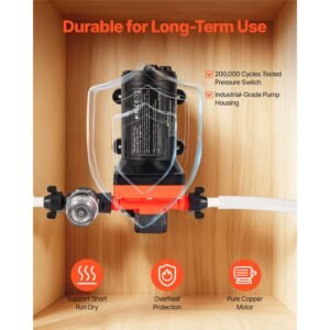rv water pump, 12v dc 6 gpm (22.7 l/min), 4 chamber self priming diaphragm water pump with automatic pressure switch, 70 psi max pressure, on demand for rv, caravan, marine, yacht, car washing
