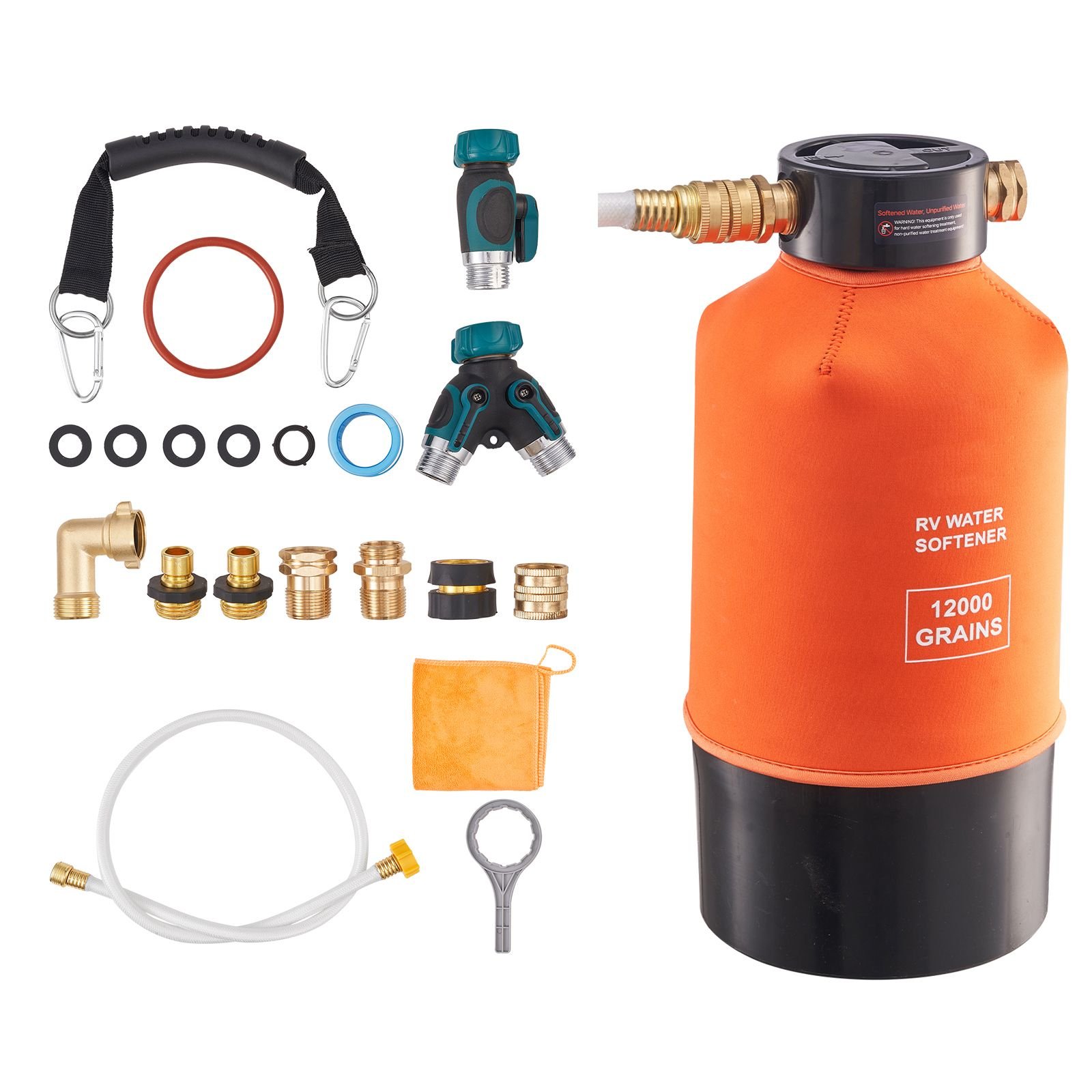 rv water softener, 12,000 grain, portable water softener system with npt 3/4" fittings, food grade resin, quick connect, convenient for rvs, trailers, boats, mobile car washing, pressure washing