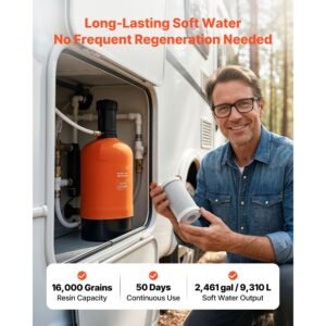rv water softener, 16,000 grain, portable water softener with filter system, npt 3/4" fittings, food grade resin, quick connect, for rvs, trailers, boats, mobile car washing, pressure washing
