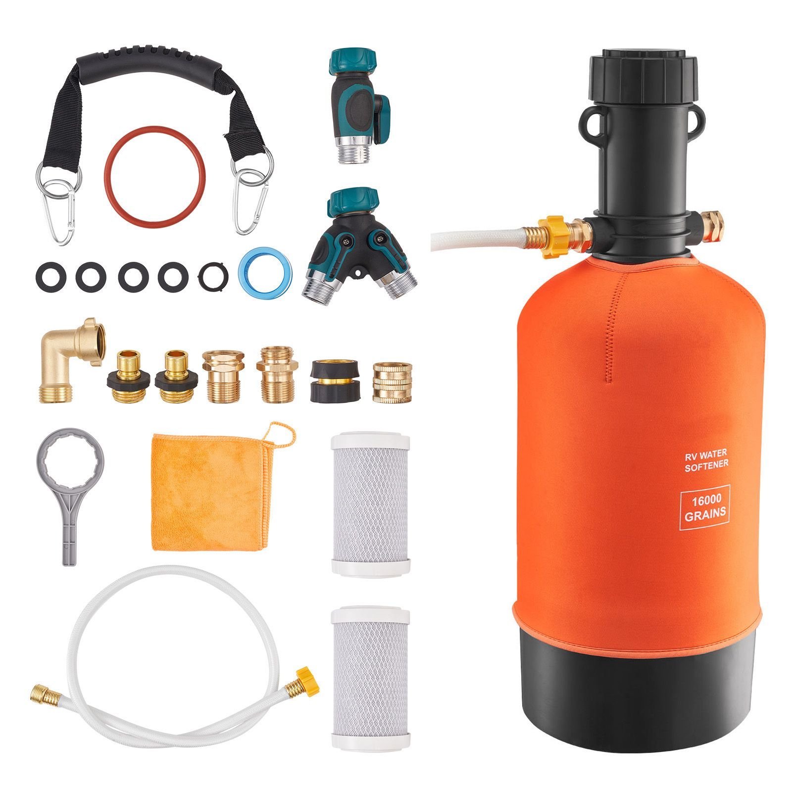 rv water softener, 16,000 grain, portable water softener with filter system, npt 3/4" fittings, food grade resin, quick connect, for rvs, trailers, boats, mobile car washing, pressure washing