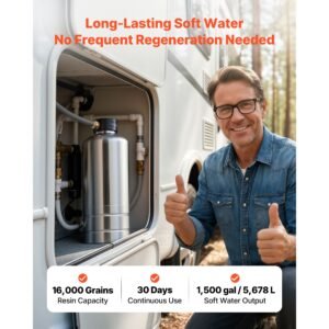 rv water softener, 16,000 grain, portable water softener with npt 3/4" fittings, food grade resin, stainless steel, quick connect, for rvs, trailers, boats, mobile car washing, pressure washing
