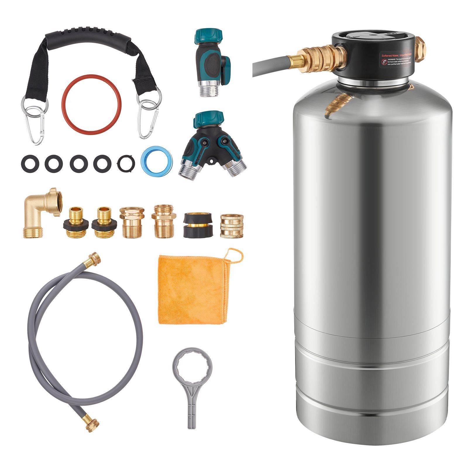 rv water softener, 16,000 grain, portable water softener with npt 3/4" fittings, food grade resin, stainless steel, quick connect, for rvs, trailers, boats, mobile car washing, pressure washing