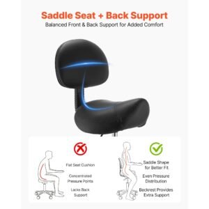 saddle stool with back support, 500 lbs weight capacity, height adjustable, quiet casters, ergonomic pu leather seat, 360° swivel saddle stool rolling chair for salon, spa, bar, medical, black